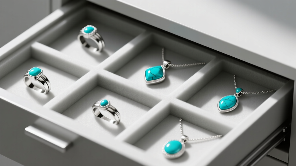 Organized drawer insert with polyethylene foam compartments separating silver rings and turquoise pendants to prevent chemical damage.
