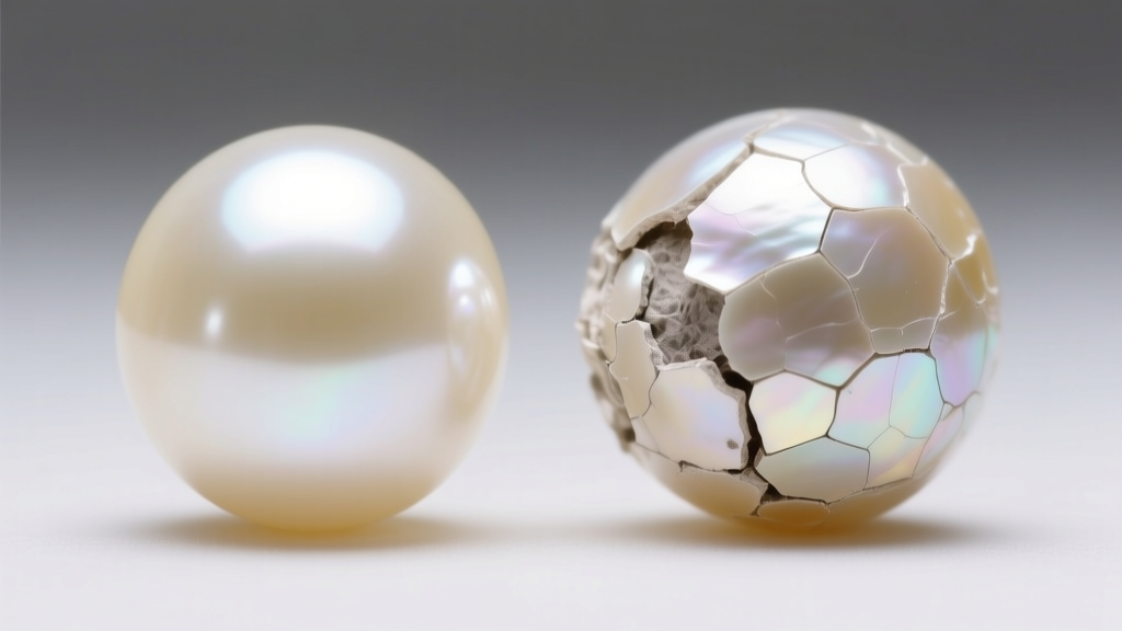 Macro photo of a pristine cream faux pearl beside one showing severe pearl peel and flaking coating under bright studio lighting.