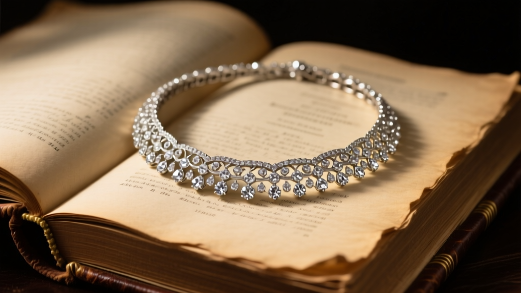 Vintage 19th-century style diamond riviere necklace resting on an open, worn book, illuminated by soft moody directional lighting