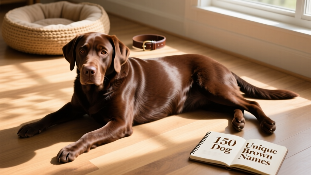 A chocolate Labrador viewed from above, showing its glossy, rich brown coat