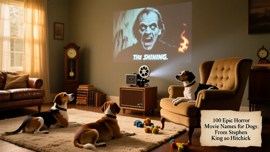 A cozy living room scene with three dogs lounging near a vintage projector playing a grainy horror film clip on the wall