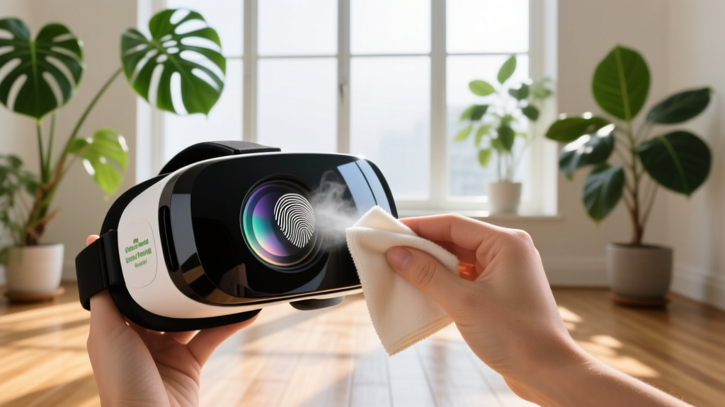A user carefully cleaning VR pancake lenses with a microfiber cloth and eco-friendly alcohol-free solution in a naturally lit, plant-filled room.