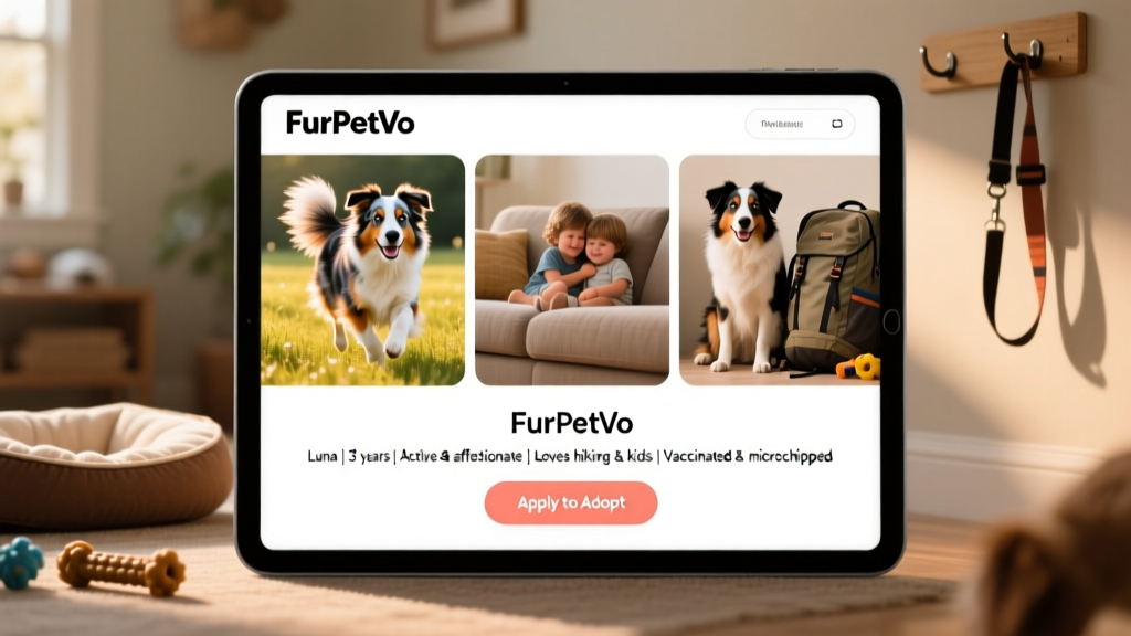 Screenshot-style mockup showing an Australian Shepherd's FurPetVo profile page with photos, bio, and 'Apply to Adopt' button