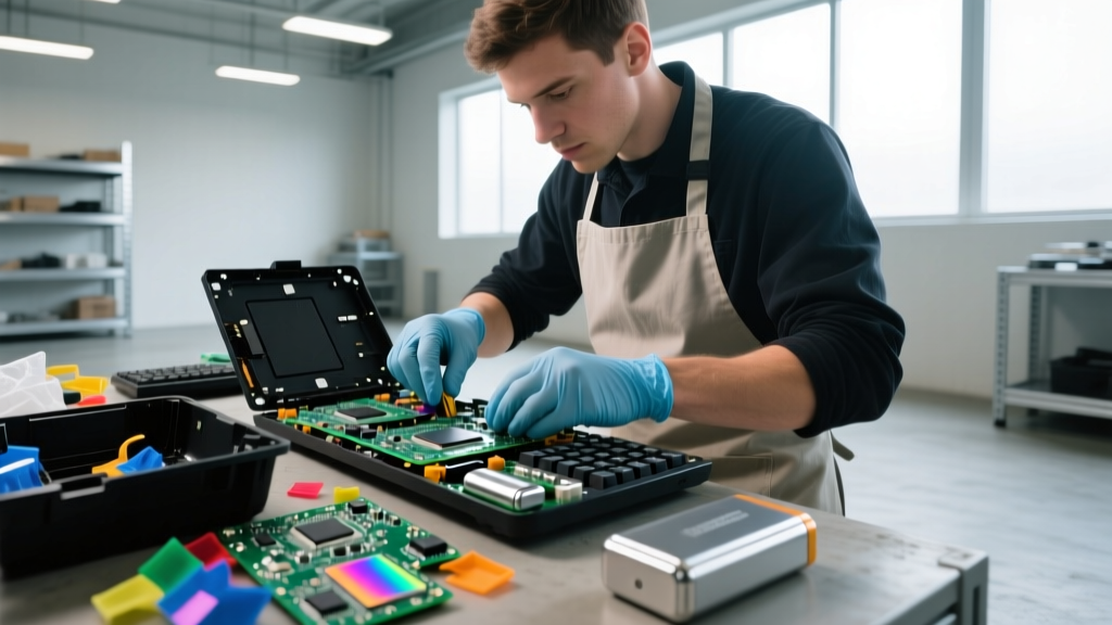 Worker disassembling a wireless keyboard to separate post-consumer recycled plastics and lithium batteries for certified e-waste recycling