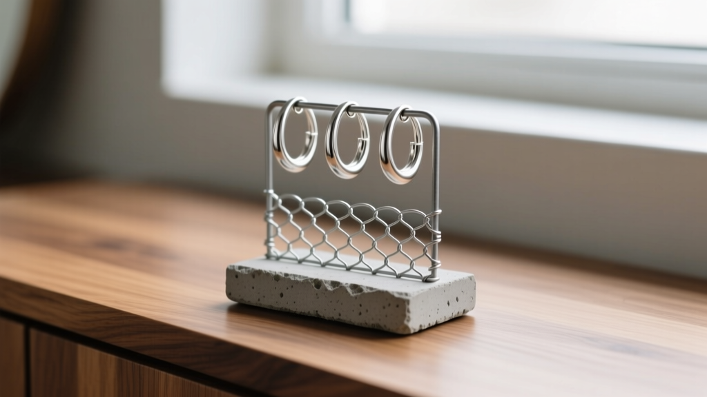 Macro shot of a DIY concrete and galvanized wire mesh earring stand holding silver hoop earrings on a polished oak vanity surface
