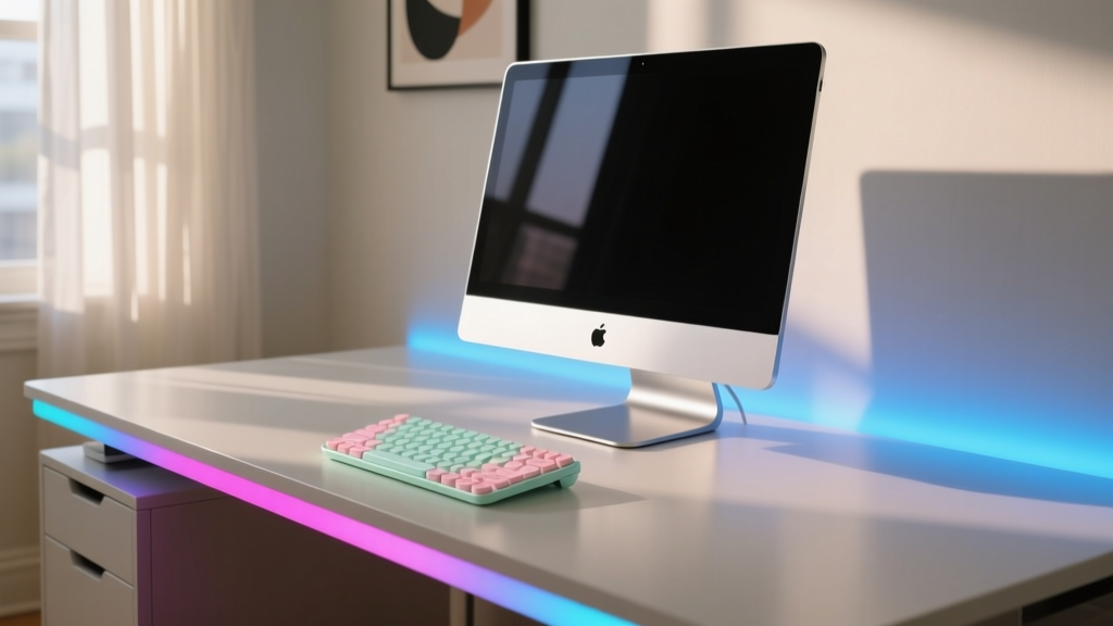Modern home office desk featuring a silver laptop on an aluminum stand, a compact pastel Bluetooth keyboard, and glowing RGB desk light bars