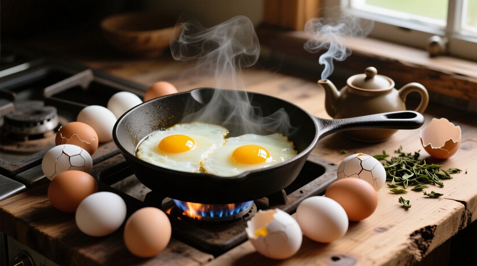 poach eggs in a skillet and cook many together with tea