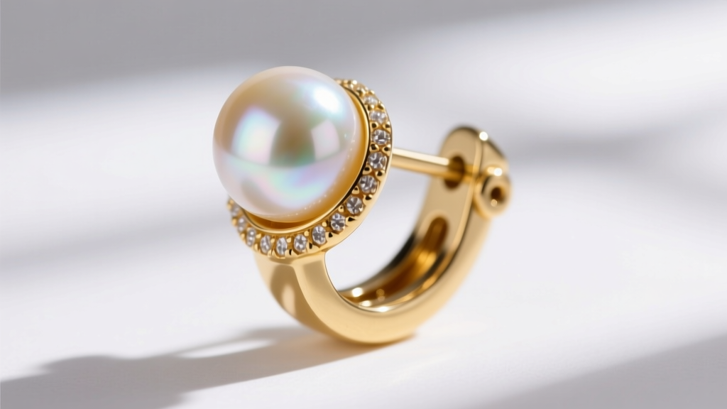 Macro shot of a designer pearl earring post featuring a secure 18k yellow gold omega clip backing with intricate milgrain details.
