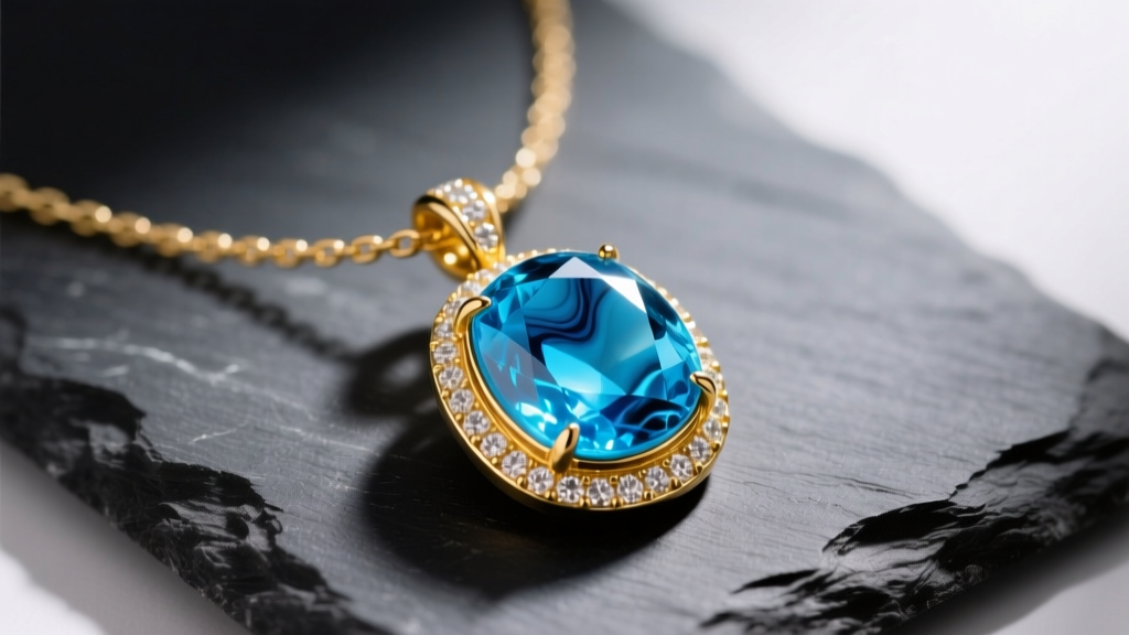 Close-up of a Dominican necklace with a vivid AAA blue Larimar pendant set in an 18k yellow gold bezel, resting on dark slate.