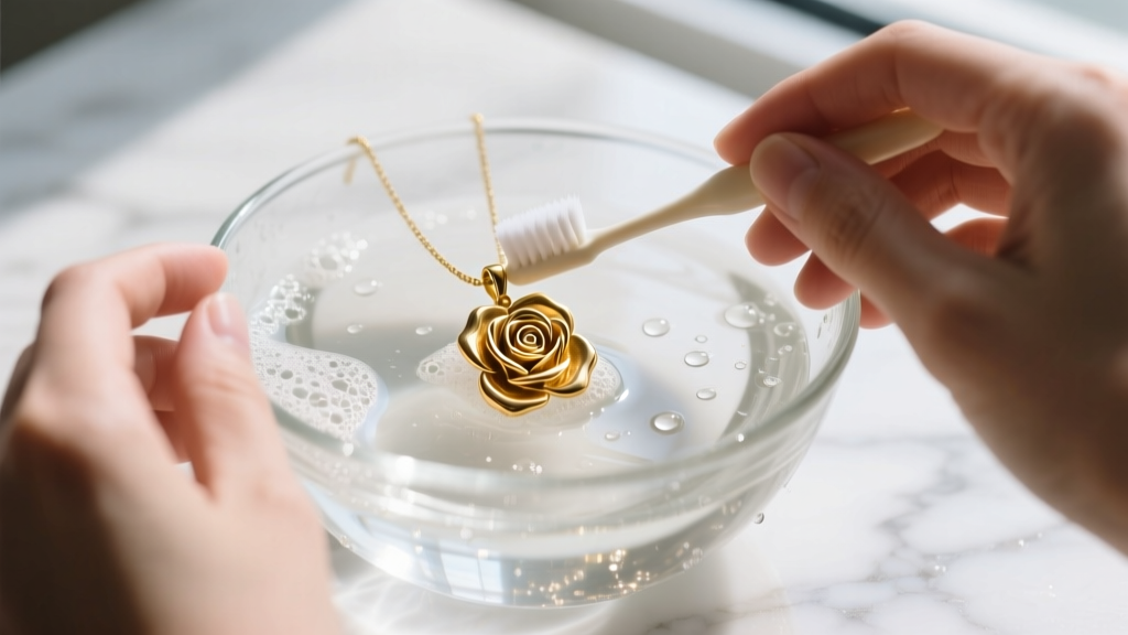 Hands gently scrubbing a gold vermeil rose pendant with an ultra-soft toothbrush in a glass bowl of soapy distilled water.