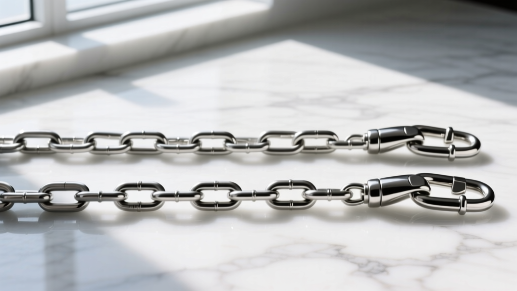 Side-by-side comparison of 1.2mm and 2.0mm stainless steel curb chains with lobster clasps on a white marble surface.