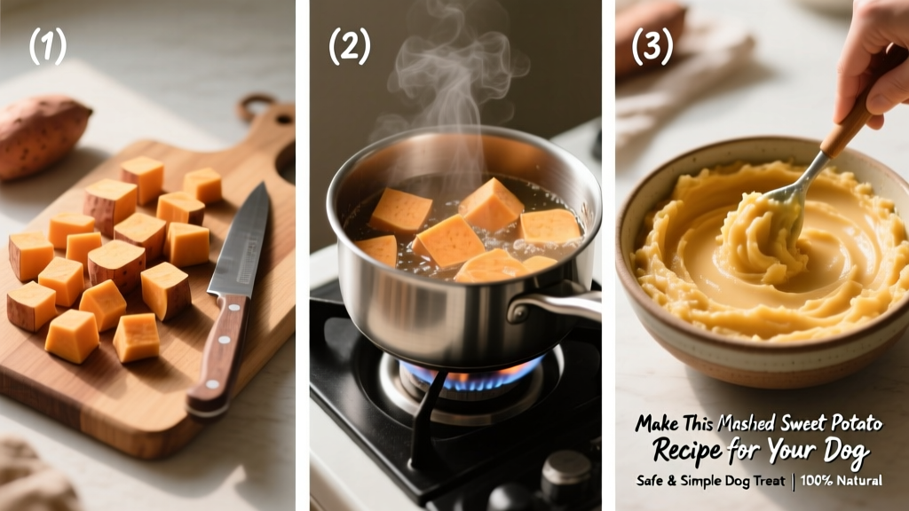 Step-by-step photos showing sweet potato cubing, boiling, and mashing
