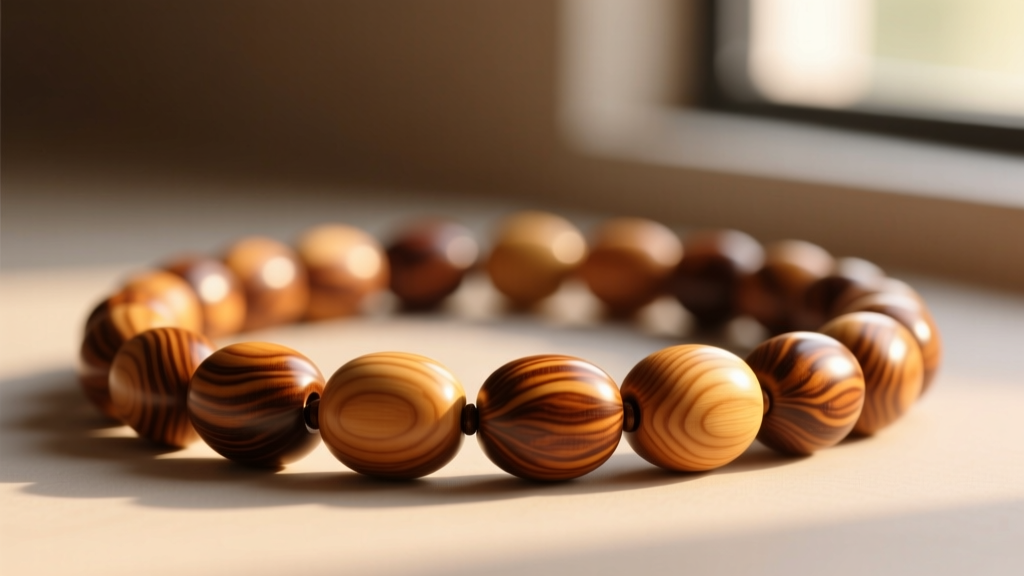 Close-up of a polished olive wood bead necklace showing natural grain patterns and a smooth carnauba wax finish under warm light.