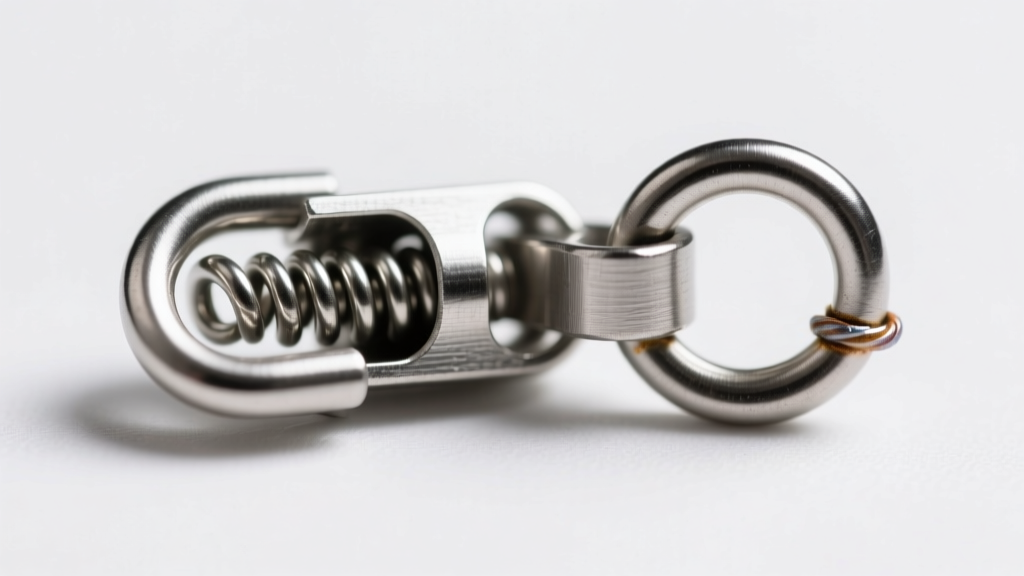 Macro shot of a 5mm stainless steel lobster clasp showing the internal spring tension lever and soldered jump ring attachment.