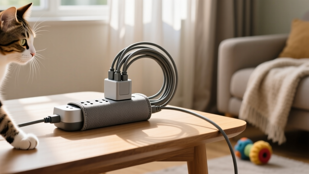Cat-safe cord protector sleeve installed over a power strip and multiple cables