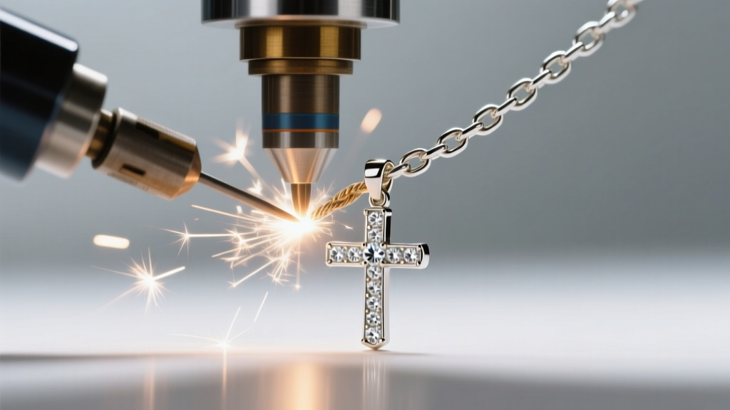 Close-up of a laser welder repairing a broken 1.5mm rope chain attached to a diamond-accented white gold cross pendant bail.