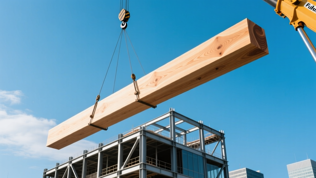 Modern cross-laminated timber beams being crane-lifted onto a mid-rise commercial building frame in Tokyo against a clear blue sky