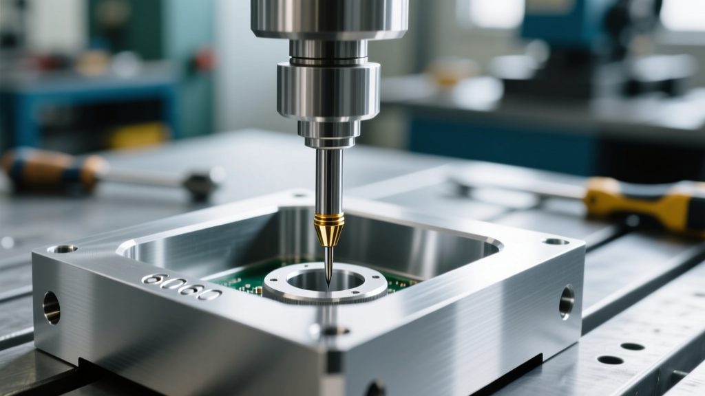 Close-up of a CMM probe measuring the internal pocket of a CNC machined 6061 aluminum electronics enclosure to verify tight dimensional tolerances.