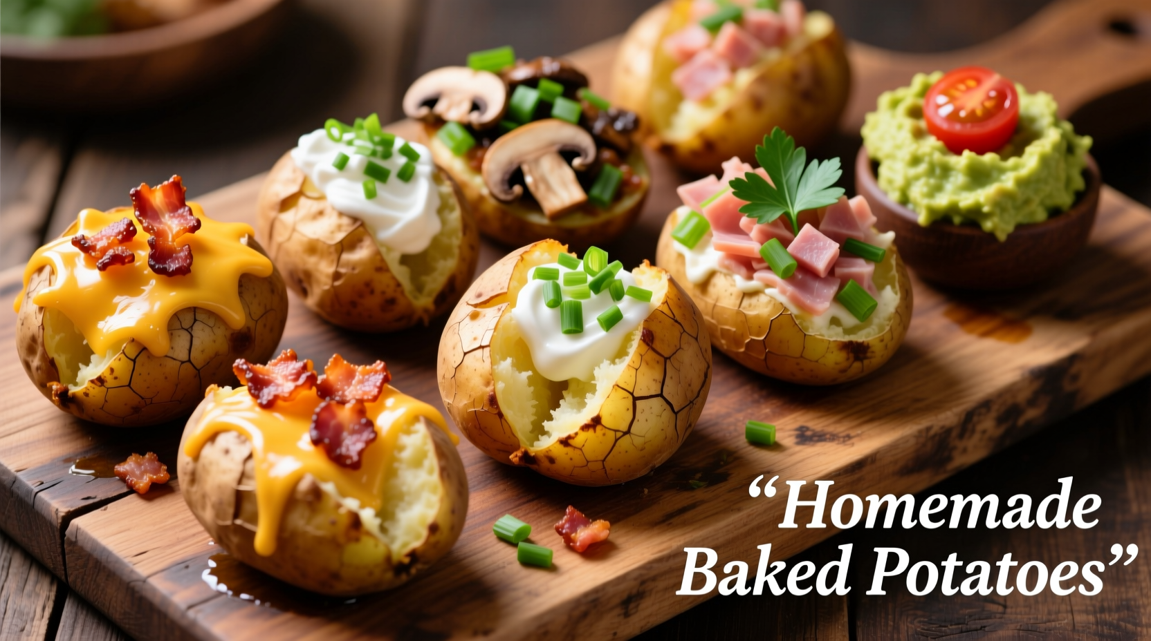 Assorted baked potatoes with various toppings on wooden board