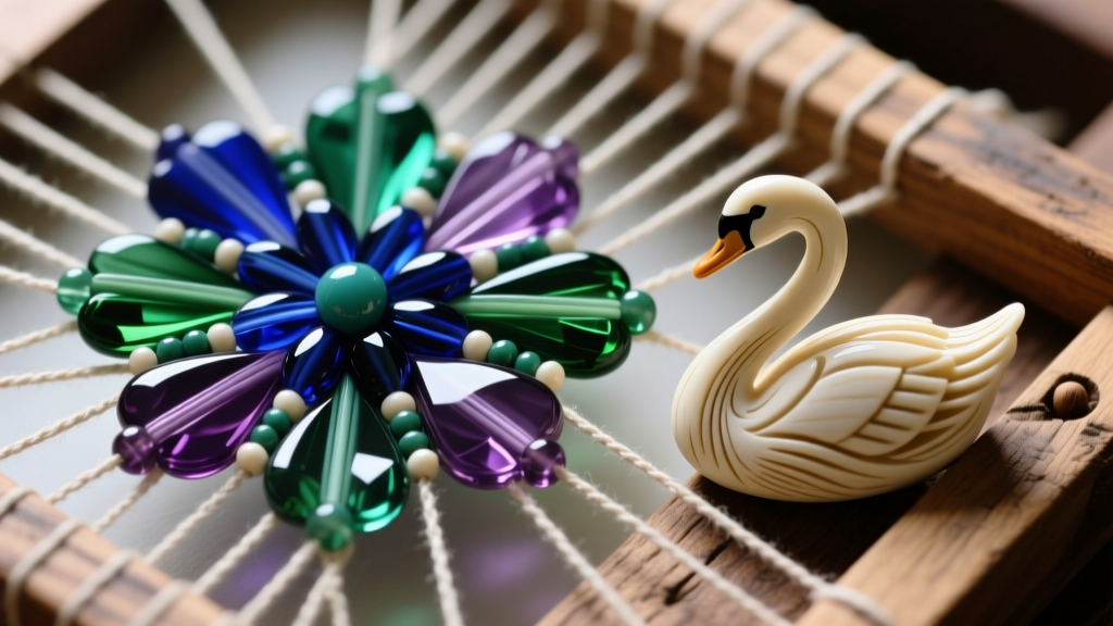 Close-up of Czech glass seed beads and turquoise woven in a floral pattern beside a carved bone swan motif on a wooden bead loom.