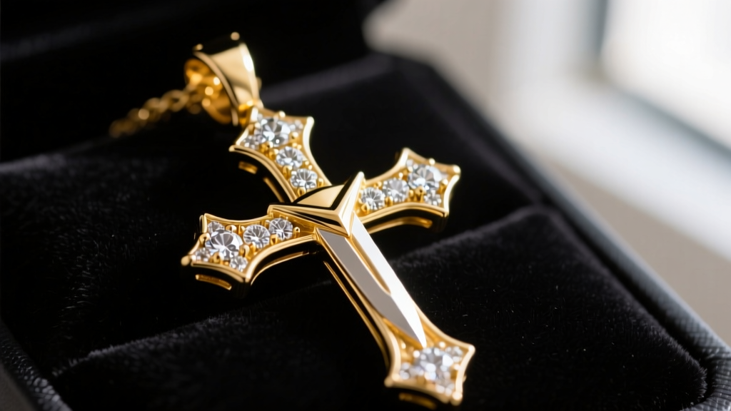 Close-up of a heavy 14k yellow gold gangster cross pendant with a dagger motif and VVS cubic zirconia stones on dark velvet.