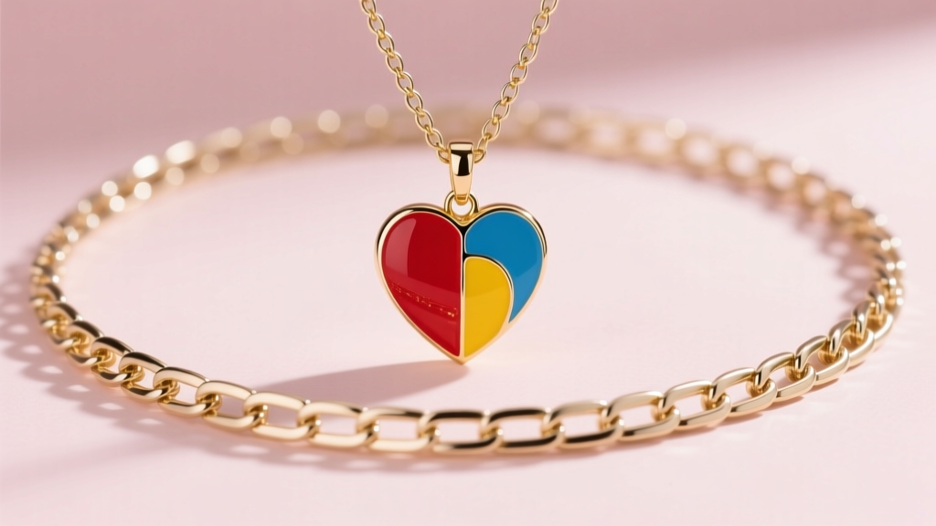 18-inch 18k white gold box chain holding a vibrant cold enamel heart pendant, photographed against a soft blush background