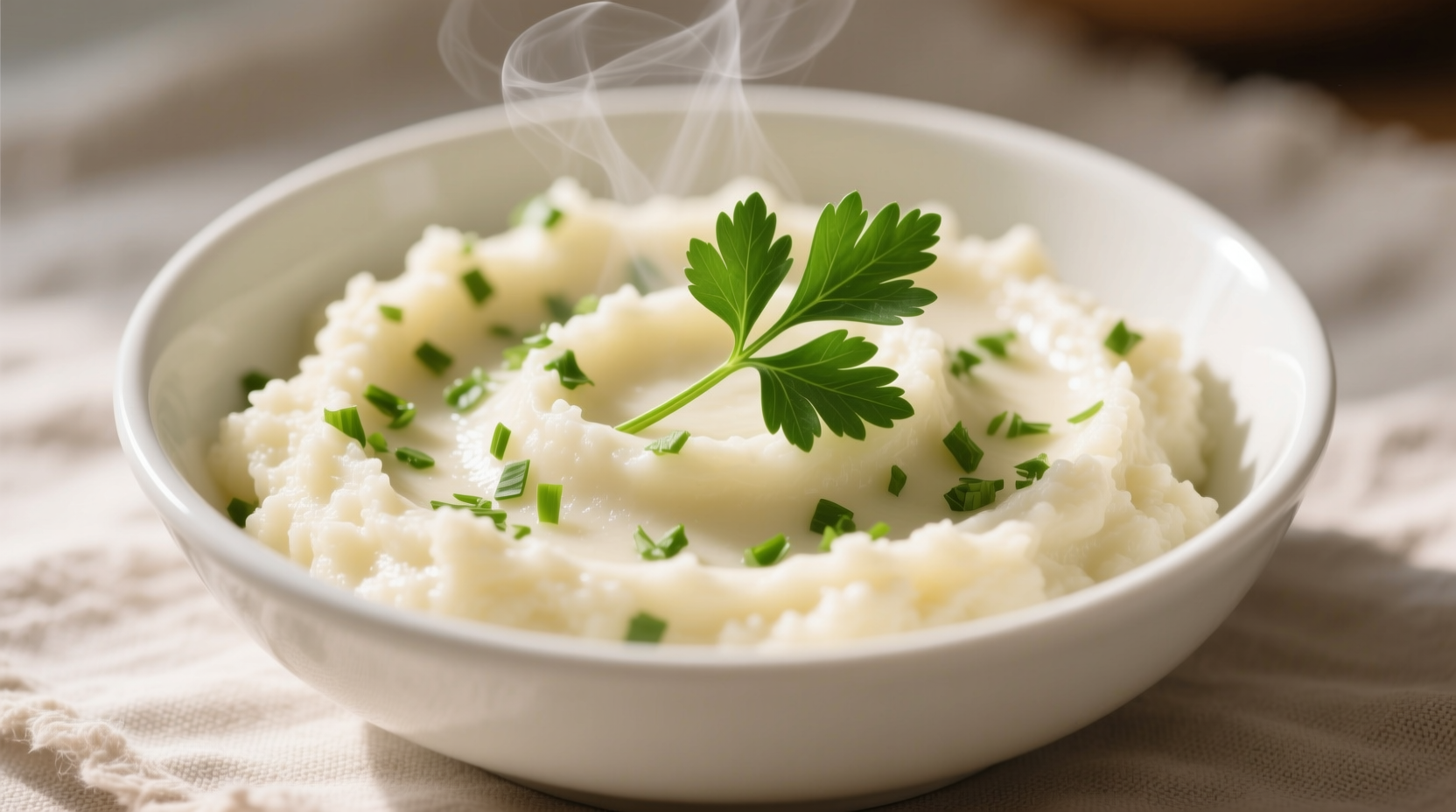 Creamy cauliflower mash in white bowl with fresh parsley