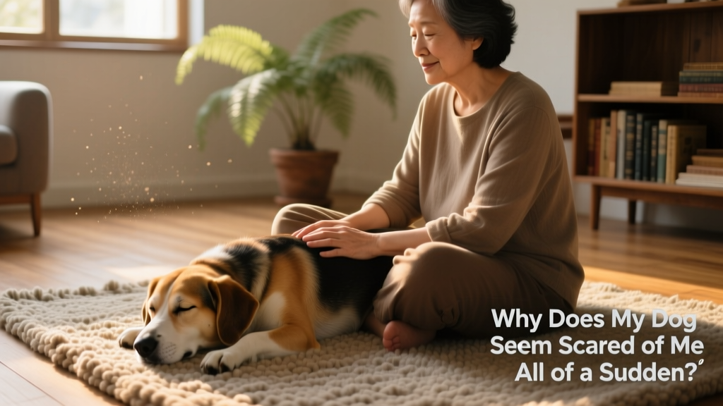 A relaxed dog resting calmly beside their person on a rug, both appearing peaceful and connected