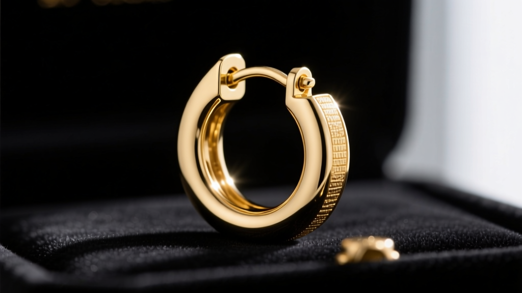 Macro shot of textured 14k gold huggie earring with hinged clasp on dark velvet, highlighting high polish and detailed metal grain