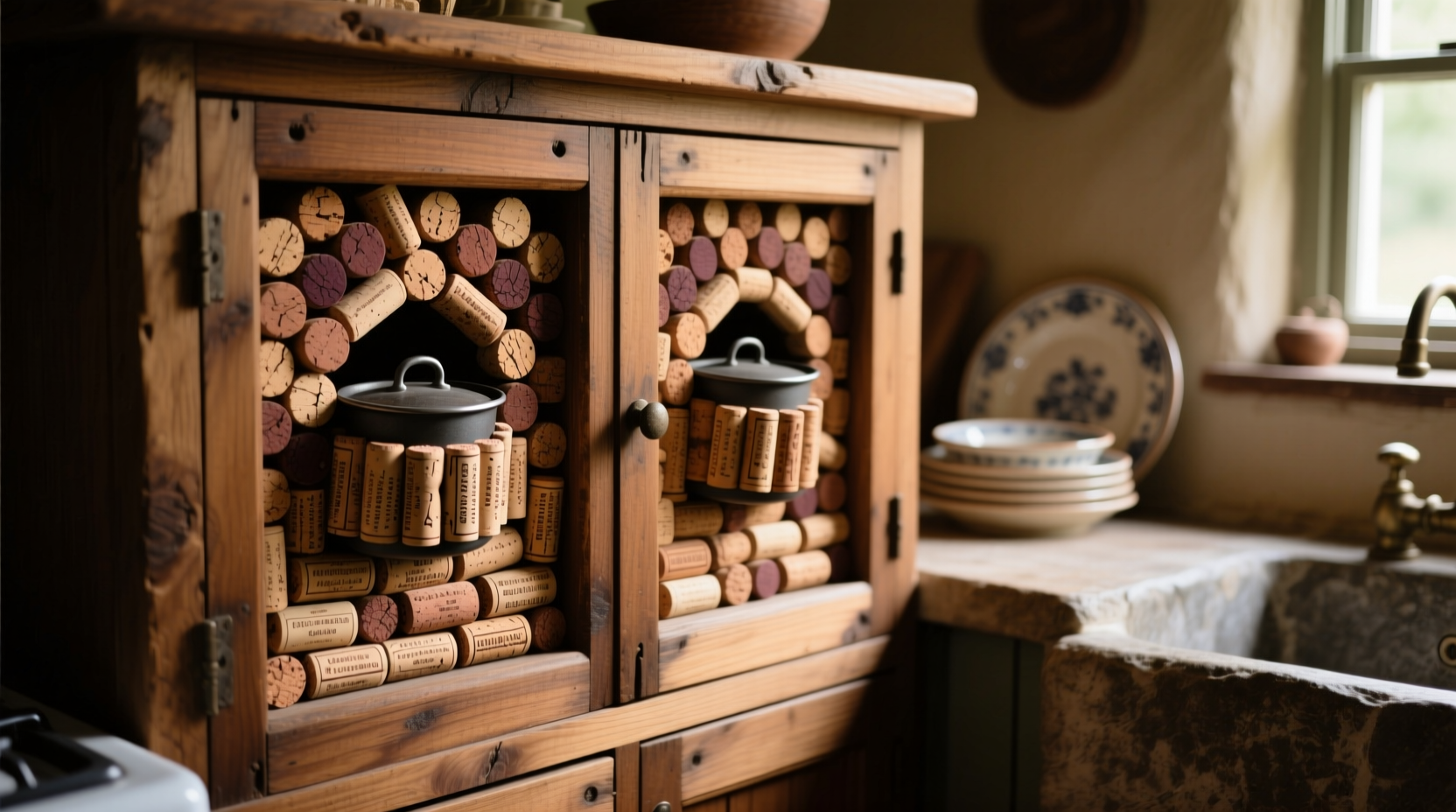 turn old wine corks into built in pot holders