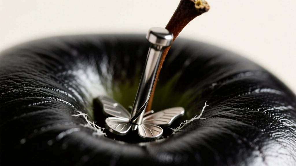 Macro shot of a 20-gauge titanium post piercing thick black apple leather, highlighting the secure butterfly backing.