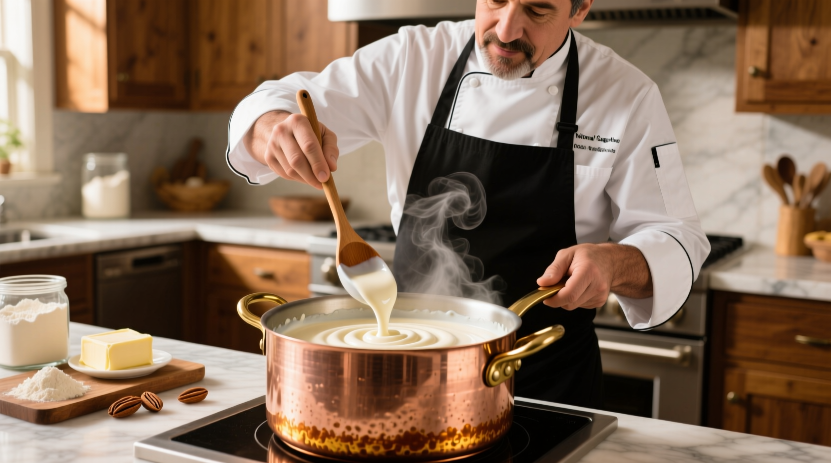 Chef demonstrating white sauce preparation in copper pot