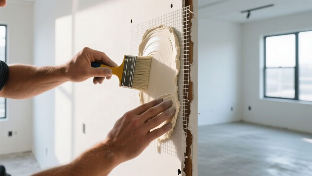 Close-up of a contractor applying lightweight joint compound over a fiberglass mesh patch on damaged drywall in a brightly lit room