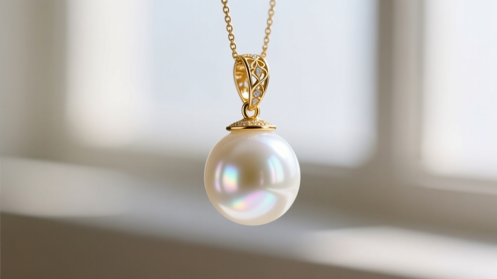 Macro shot of a lustrous white Akoya pearl attached to a delicate gold bail, highlighting sharp reflections on its smooth surface