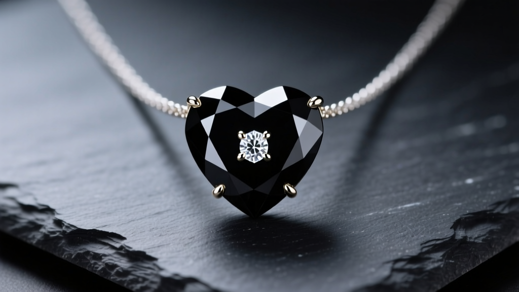 Black diamond heart necklace on dark slate, showing glossy facets and delicate white gold prongs under soft studio lighting.