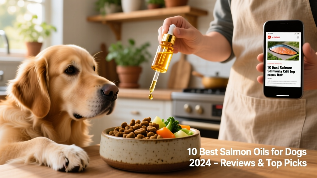 Close-up of a golden salmon oil dropper being added to a dog’s food bowl