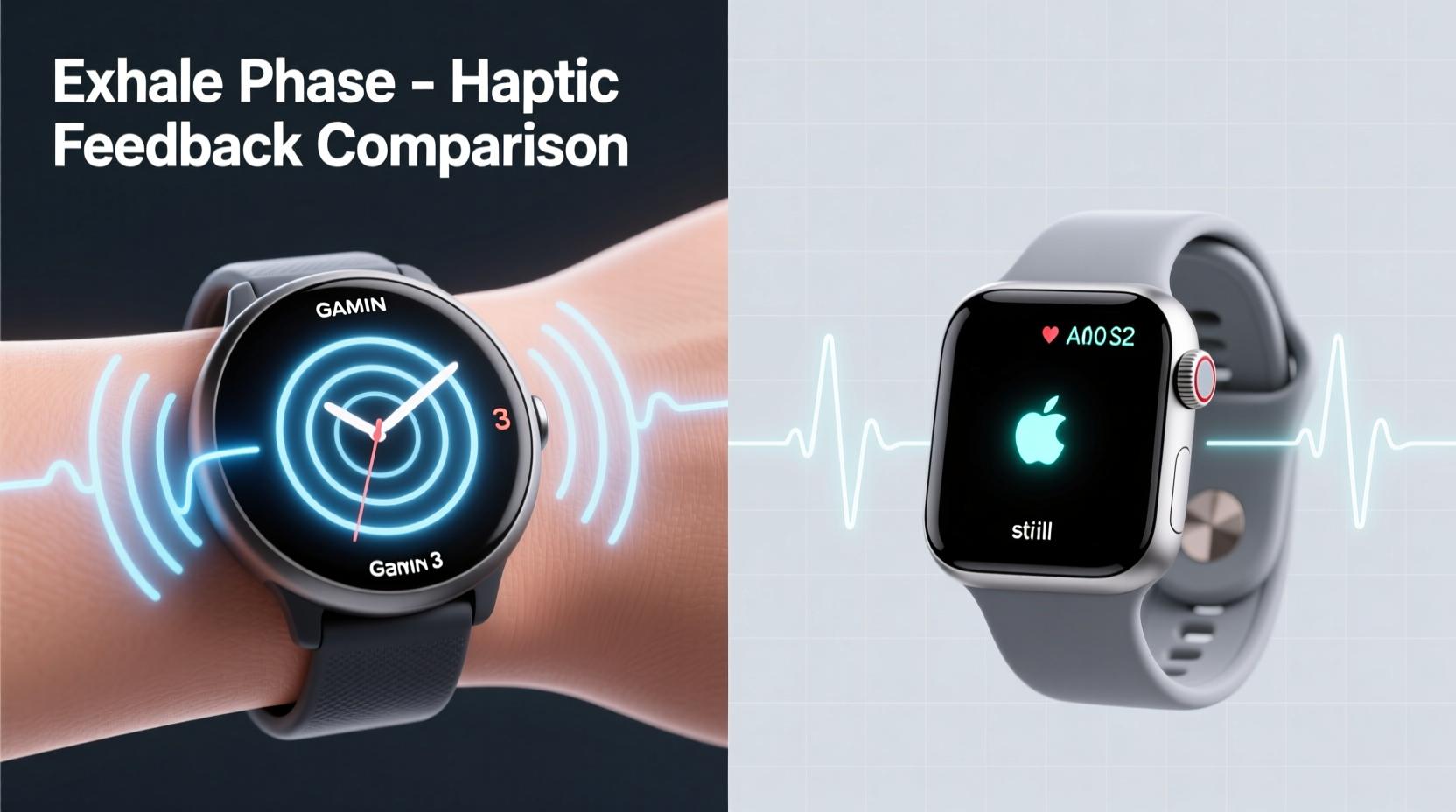 Side-by-side illustration showing Garmin Venu 3 vibrating gently on the wrist during an exhale phase, contrasted with an Apple Watch SE screen lit but motionless during the same moment—highlighting the absence of timed haptic feedback