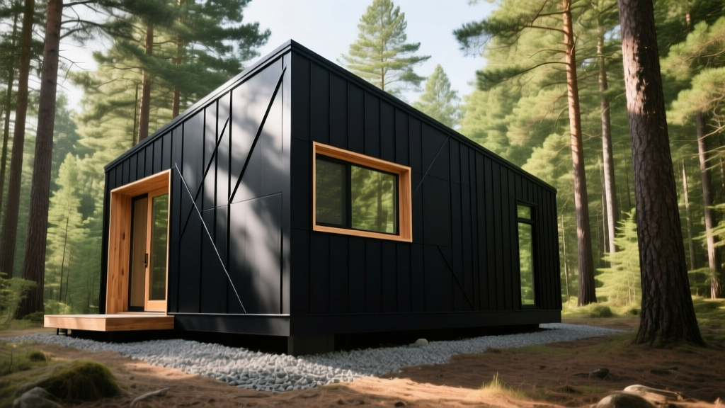 Modern 600 sq ft prefab house with matte black metal siding and cedar-framed windows on a gravel pad in a pine forest