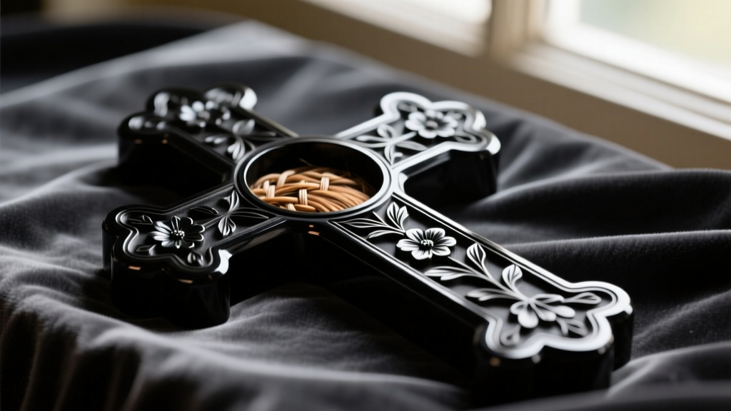 Close-up of a Victorian mourning cross carved from Whitby jet with floral motifs and a woven hair compartment on dark velvet.