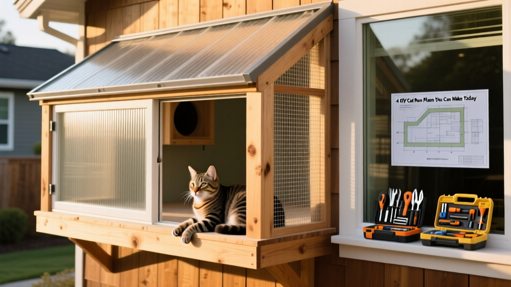 Side view of a window-mounted catio with clear corrugated roofing, mesh walls, and a cedar frame blending into home siding