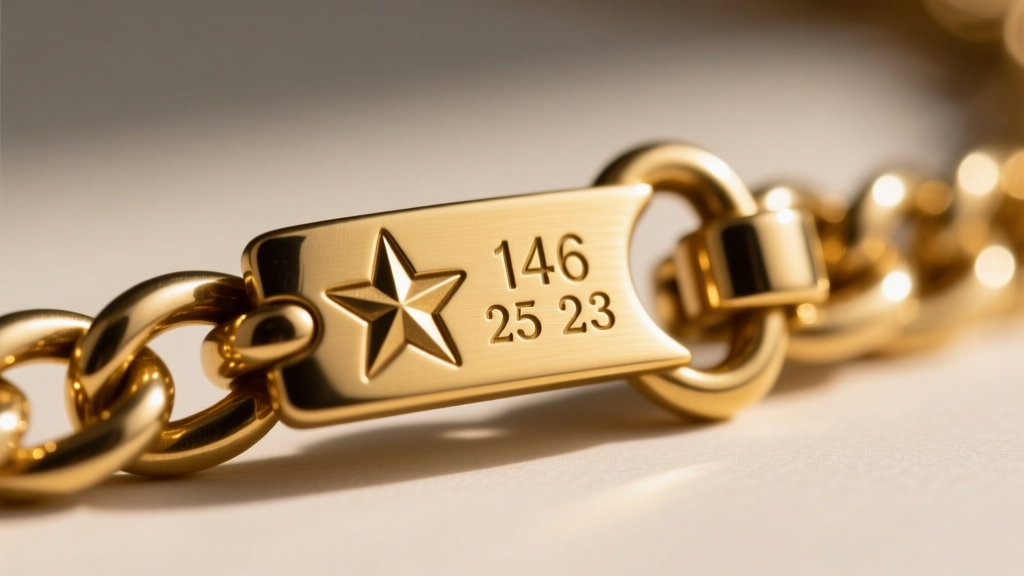 Macro photograph of a vintage 14k gold Italian chain clasp featuring a sharply struck five-point star hallmark next to numbers.