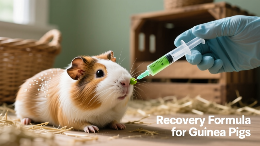 Syringe feeding a soft, green recovery formula to a guinea pig under gentle supervision
