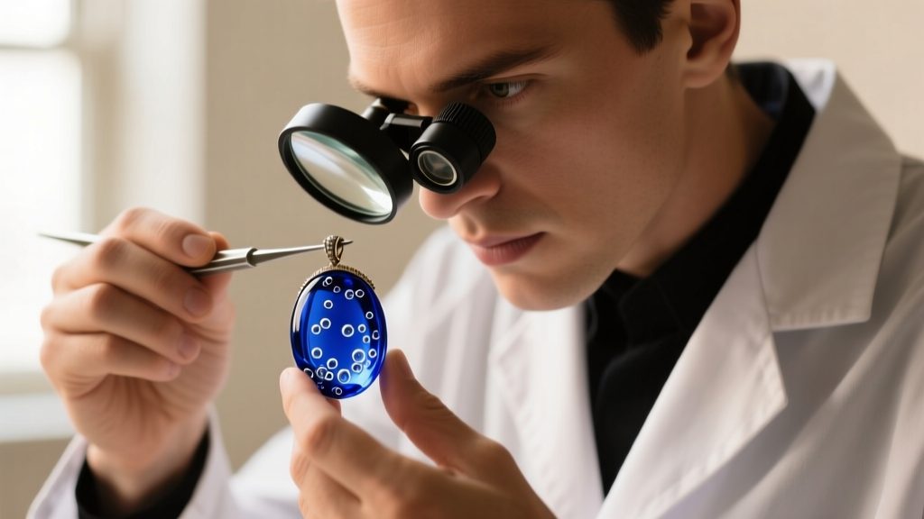 Jeweler using a 10x loupe to inspect a vintage blue necklace pendant, revealing tiny air bubbles inside a cobalt glass cabochon.