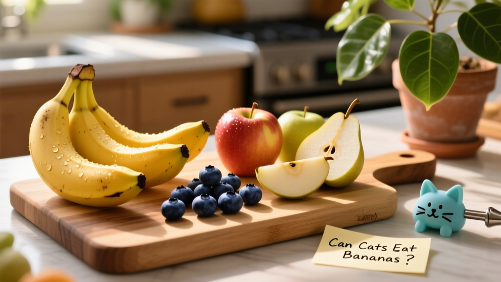 Assortment of safe cat-friendly fruits arranged neatly on a pet-safe cutting board