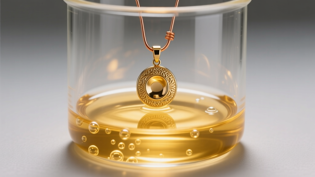Close-up of an electroplating tank with a brass pendant submerged in a bright gold chemical bath, connected to a copper wire anode.