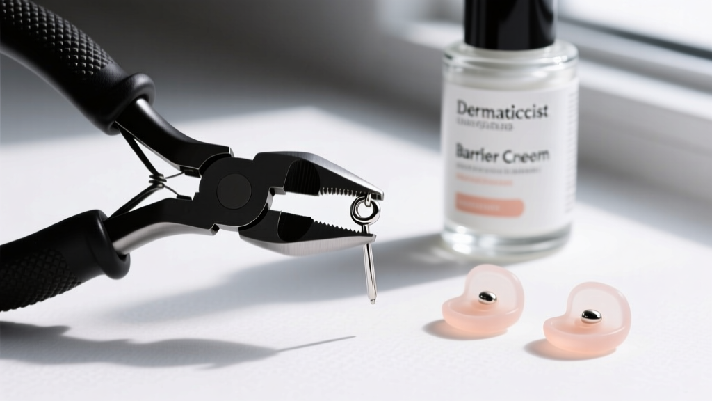 Nylon-jaw jewelry pliers gently gripping a bent 22-gauge earring post, with a bottle of barrier cream and silicone backs nearby