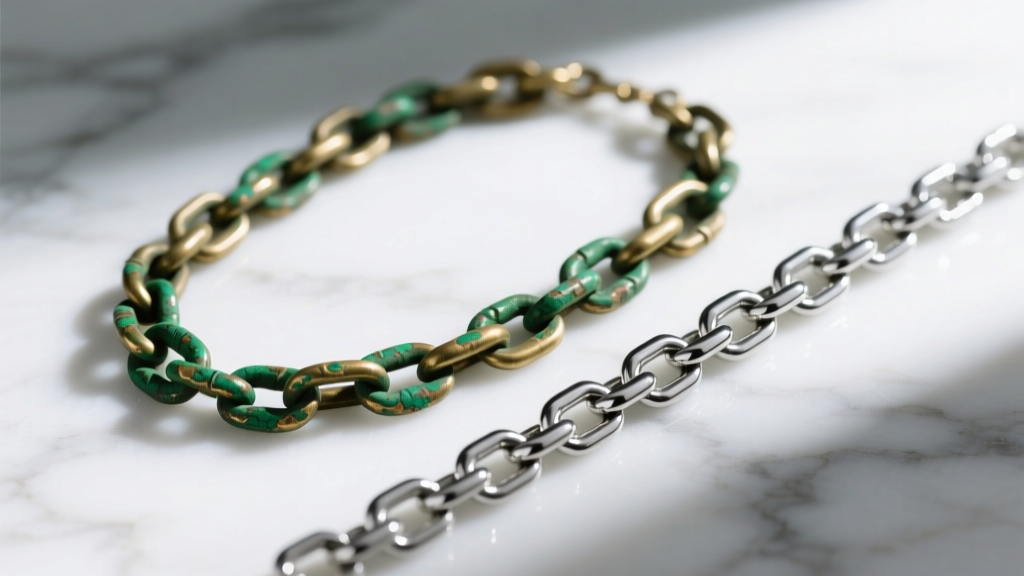 Tarnished, green-stained cheap brass chain necklace resting next to a pristine solid titanium chain on a white marble surface.