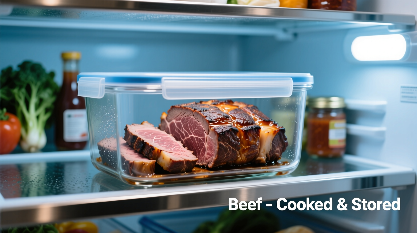 Cooked beef properly stored in airtight containers in refrigerator