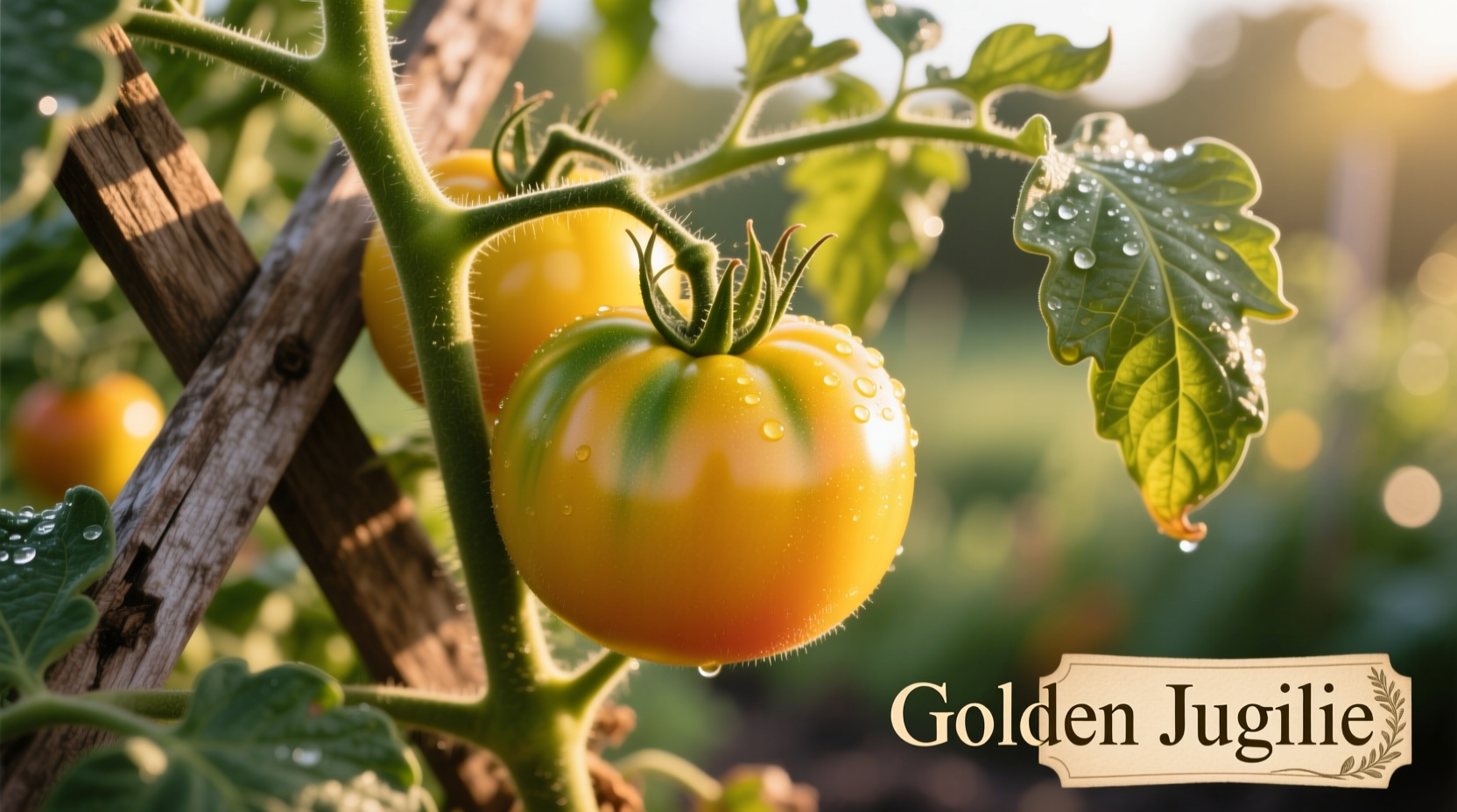 Golden Jubilee tomatoes on vine showing yellow fruit