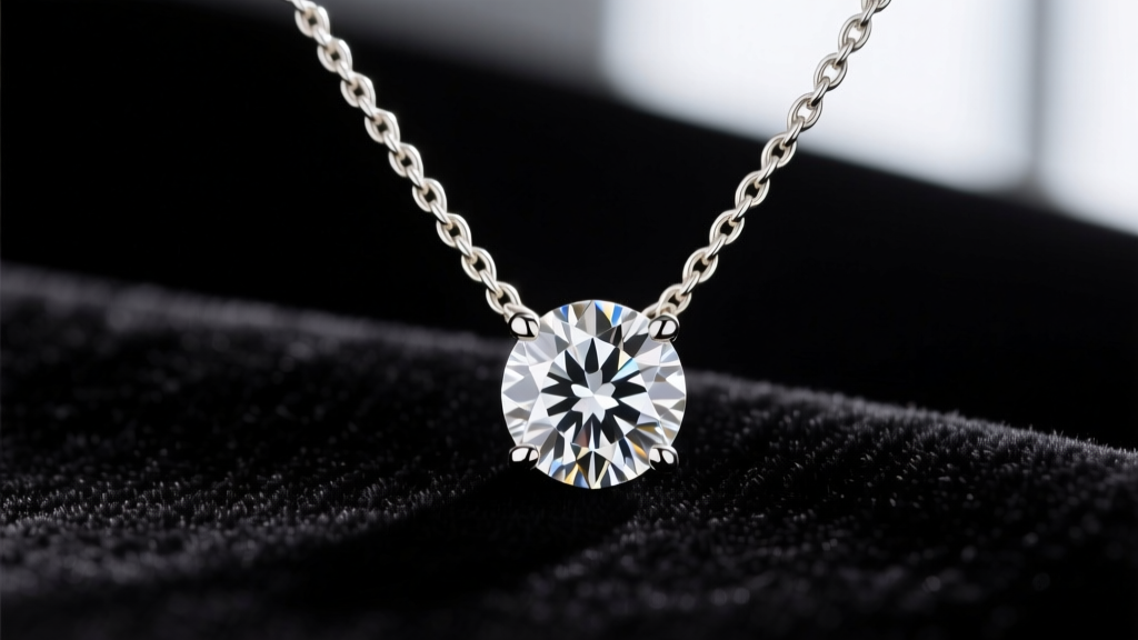 Close-up of a 1-carat round brilliant diamond solitaire pendant on an 18k white gold cable chain resting on dark velvet.